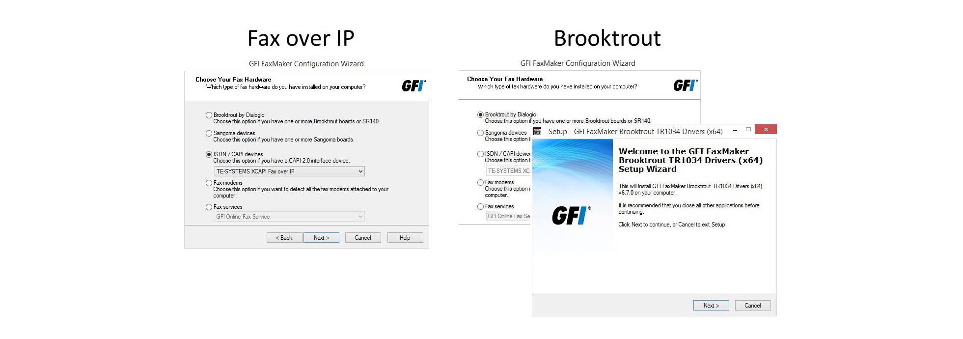 Choosing a faxing device in the Configuration Wizard. Selected choice (XCAPI) is a FoIP